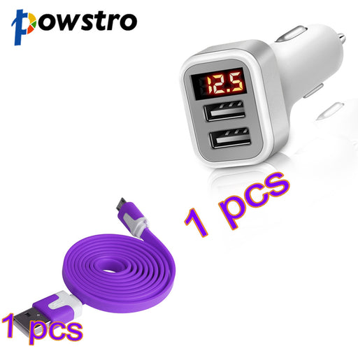 Powstro 5V 2.1A Dual USB Port Car Charger Car Adapter with LED Display+1m/3.3ft High Speed Noodle USB For Android Samsung S6